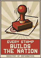A poster of a rubber stamp coming down on a page: EVERY STAMP BUILDS THE NATION.