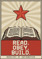 A poster of an open book under a red star: READ. OBEY. BUILD.